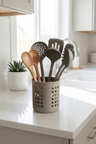 Gri - A+ Silindir Kaşıklık Tezgah Üstü Servis Standı, Su Gider Delikli, Plastik Düzenleyici Organizer Gri