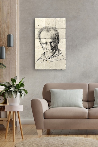 Doğal Taş Tablo - Atatürk Portresi Ve Atatürk Imzalı Tablo - Duvar Dekoru 30x50cm