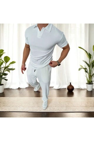 Beyaz, Oversize/geniş Kesim, Dokulu Kırışmaz, Ottoman Polo Yaka T-shirt Ve Eşofman Takım Beyaz