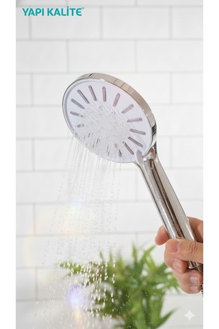 Krom Işıltılı/beyaz Başlıklı, Zambak Rengi Detayları İle 3 Fonksiyonlu Kaliteli Ve Dayanıklı El Duşu Krom