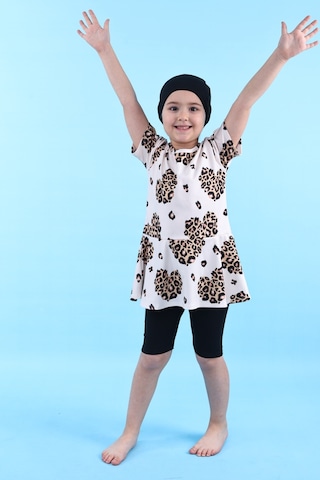Zuzunga Leopar Desenli Kız Çocuk Boneli Mayo Takımı Siyah