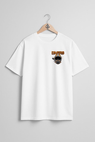 Oversize Divers Dalgıç Başlığı Cep Tasarımlı Unisex T-shirt Beyaz