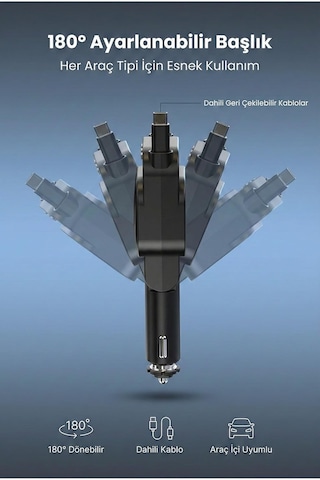 Sc07 96w Araç Şarj Cihazı Pd3.0 & Qc3.0 Hızlı Şarj, Çift Toplanabilir Kablo Type-c + Lightning , Led Ekran,