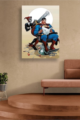 Superman Ve Harley Quinn Mizahi Çizgi Roman Sahnesi Eğlenceli Renkli Tasarım Kanvas Duvar Tablosu