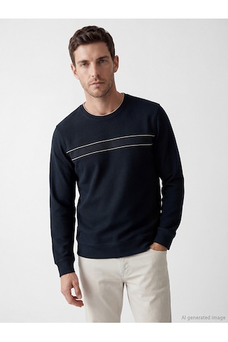 Lcwaıkıkı Classic Lacivert Bisiklet Yaka Şerit Detaylı Erkek Sweatshirt