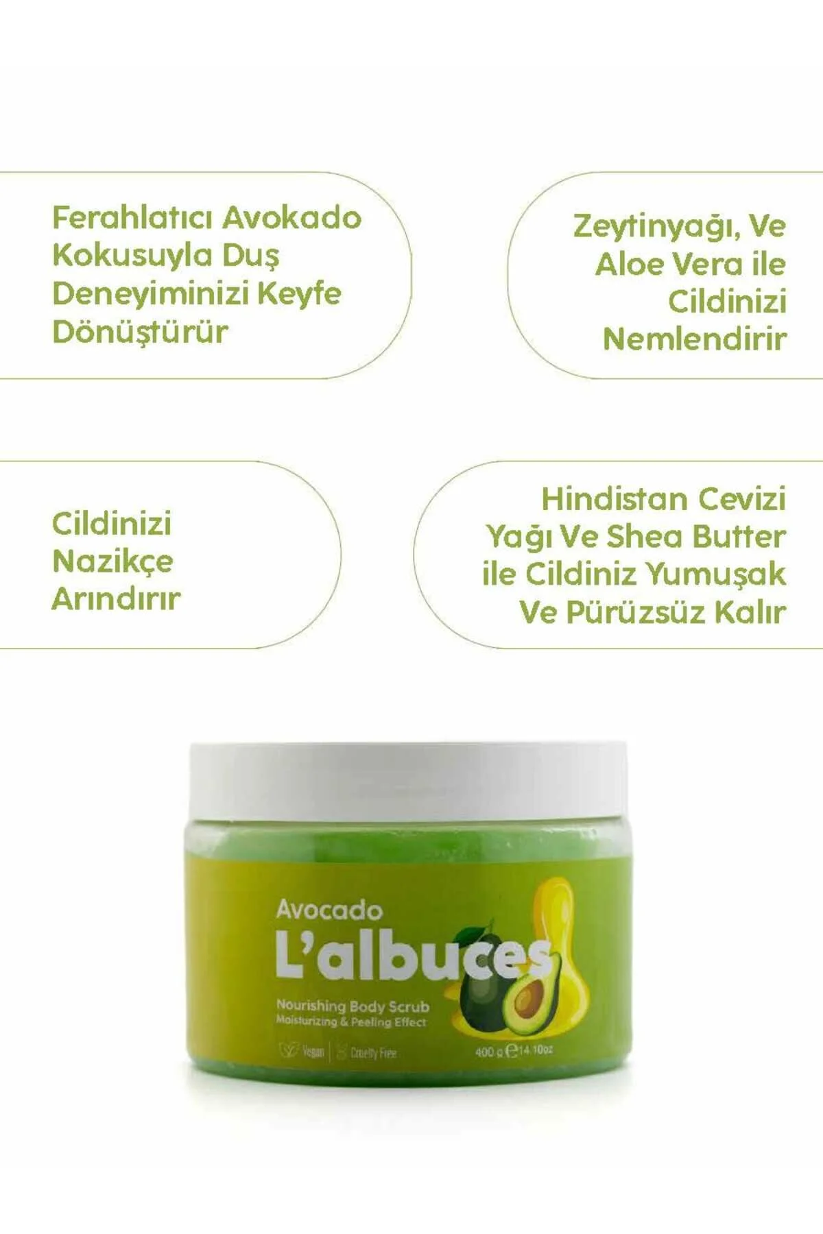Avocado Body Scrub 400gr Vegan, Temiz İçerikli, Avokado Kokulu Pürüzsüz Cilt Bakımı