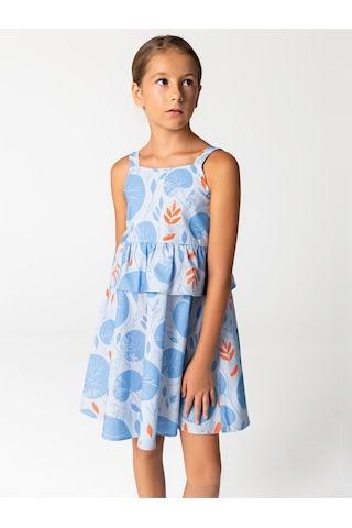 Sheshe Yaprak Desenli Pamuklu Askılı Kız Çocuk Elbise Renkli