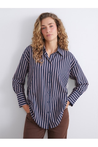 Lcw Modest Lacivert Çizgili Oversize Kadın Gömlek Tunik