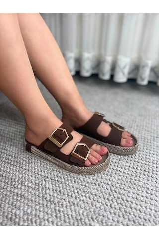 Asmi Shoes Kadın Eleni Kahve Süet Çift Tokalı Rahat Taban Terlik