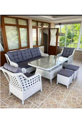Omit Pazar 5 Kişilik Beyaz Örgü Rattan Oturma Grubu Minderli & 80x140cm Masa+puflu Takım