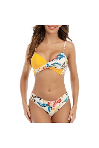 Mufunye Kadın İki Parça Bikini Mayo, Baskılı Desen, Ayarlanabilir Askı, Dolgulu Sütyen, Sarı, Asya Numara Xl 8830 Sarı