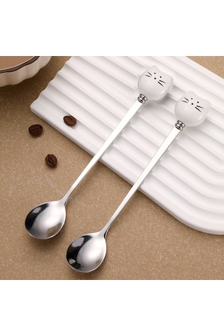 Skycity Beyaz Kedi Desenli Uzun Saplı Paslanmaz Çelik Kahve Karıştırıcı Kaşık - Bal Ve Sosu İçin Dayanıklı Mutfak Gereci Diğer