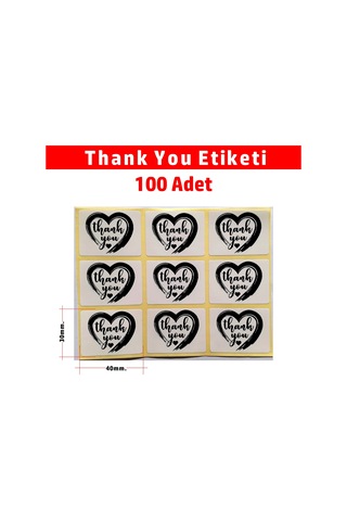 Kalp Desenli Teşekkür Etiketi - Thank You Sticker 30x40 - 100 Ad.