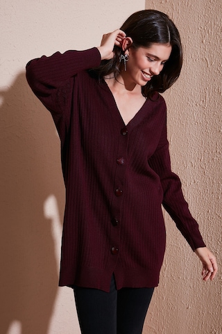 Lela V Yaka Düğmeli Uzun Triko Bayan Hırka 4616040Y Bordo