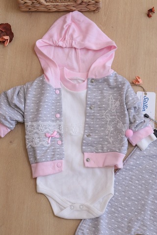 Sitilin Kız Bebek Tavşan 3 Lü Kapişonlu Bebek Takım Seti Stl6418 Gri - Pembe
