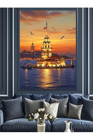 Ahşap Tablo Gece Işıkları Altında İstanbul Kız Kulesi