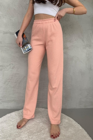 Kadın Yavruağzı Yüksek Bel Fitilli Bol Paça Günlük İnce Eşofman Altı Yavruağzı