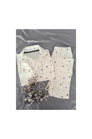 Mh Moony Homewears Kısa Kol Siyah Kalp Özel Dokulu Düğmeli Pijama Takımı Siyah