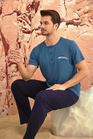 Arcan Erkek Kısa Kol Pijama Takımı Yazlık Viskon Mavi