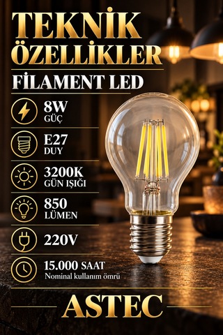 Astec E27 Filamen 8 Watt Led Ampul 3200k Gün Işığı Dekoratif Filament Led
