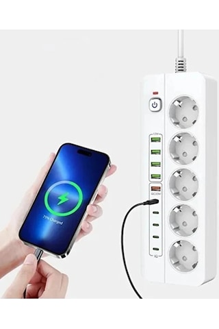 3500w Akım Korumalı 5 Li Grup Priz: 5x Usb + 5x Type-c Çıkışlı 2 Metre