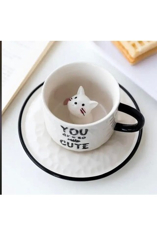 Sevimli Kedi Figürlü Kupa Bardak Tabak Set-2134