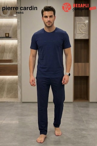 Pierre Cardin Paris Premium Erkek %100 Pamuklu Rahat Kalıp Cepli Kısa Kollu Pijama Takım Lacıvert