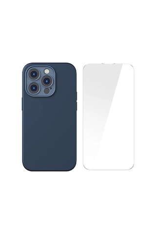 Baseus Liquid Silica Gel Apple iPhone Uyumlu iPhone 14 Pro 6.1 Magsafe Silikon Kılıf + Tempered Ekran Koruyucu Set- 5775 Mavi