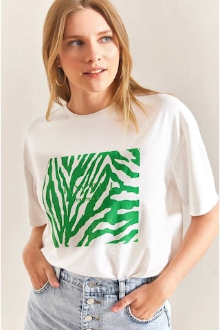 Baskılı Basic Bisiklet Yaka Örme T-shirt Önü Yeşil