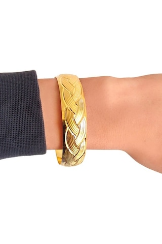 Ferizz Altın Kaplama Örgü Model Imitasyon Bilezik 15Mm Kalınlık Altın