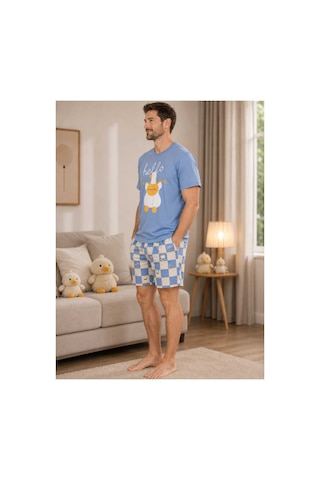 Pijamask Erkek Baskılı Şortlu Pamuklu Yazlık Pijama Takımı Mavi