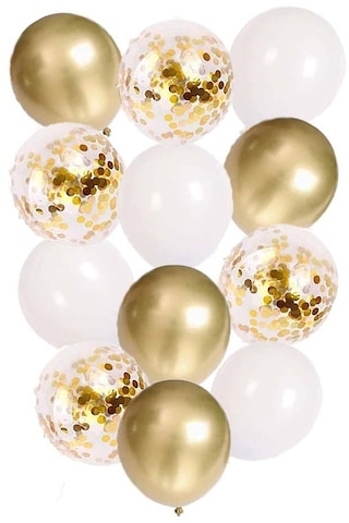12 İnç Beyaz Gold Ve Konfetili Karışık Balon 10 Adet