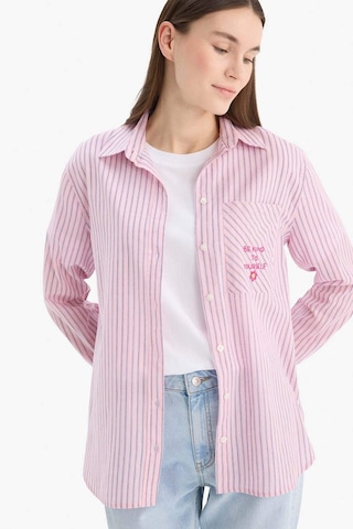 Defacto Relax Fit Baskılı Flamlı Pamuk Çizgili Uzun Kollu Gömlek Tunik C8854ax25smpn69 Pembe
