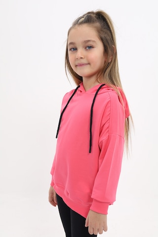 Toontoy Kız Çocuk Oversize Kapüşonlu Büzgülü Düşük Omuz Nakış Baskılı Yırtmaçlı Sweatshirt - 2 İplik Fuşya