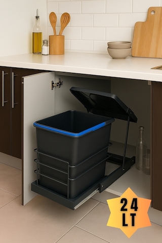 Almital Dolap İçi Teleskopik Raylı Antrasit Çöp Kovası 24 Litre, Minimum Kapak Genişliği 45 Cm. -9037832206103 Antrasit