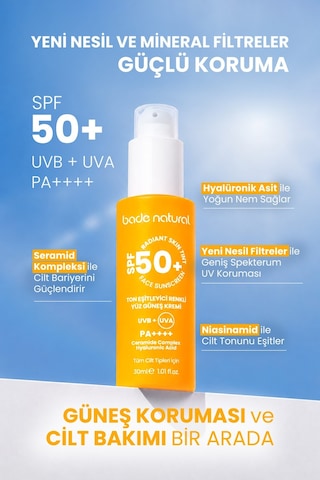 Bade Natural Ton Eşitleyici Renkli Yüz Güneş Kremi SPF50+ 30 ML