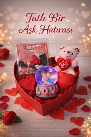 Sevgiliye Romantik Hediye Kutusu Işıklı Kalp Ve Kar Küresi Peluş Ayıcık Ve Gül Buketi Hediye Seti 01 Çok Renkli