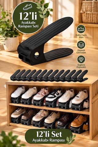 Porsima 5302 12li Ayakkabı Rampası Ayakkabı Düzenleyici Dolap İçi Organizer- Siyah Siyah