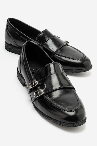 Luvi Shoes Daly Siyah Kırışık Rugan Hakiki Deri Tokalı Kadın Loafer Ayakkabı