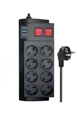 Ftr-08 4000w 16a Akım Korumalı 2 Anahtarlı 8'li Priz, 3 Usb Portl