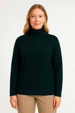 Kadın Balıkcı Yaka Bağazlı Triko Kazak Pamuklu Kalın Fitilli Dokuma - Haki Haki