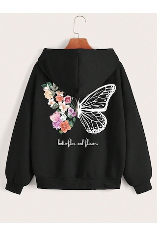Çiçek Kelebek Fermuarlı Hırka Sweatshirt - Siyah Baskılı Oversize Kışlık Kalın Kapüşonlu Siyah-80993 Çiçek Kelebek Fermuarlı Hırka Sweatshirt - Siyah Baskılı Oversize Kışlık Kalın Kapüşonlu Siyah-80993