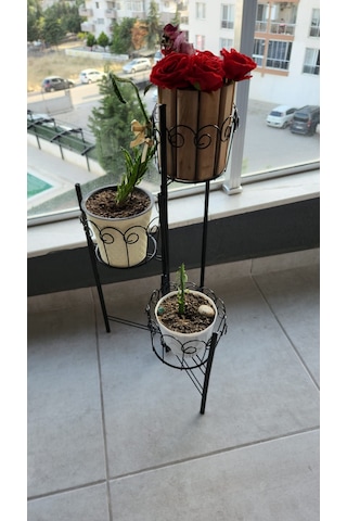 3 Hazneli Metal Bitki Standı / Çiçeklik - 18 Cm Saksı Uyumlu - Si