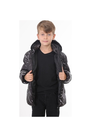 Erkek Çocuk Siyah Çıkabilir Kapüşonlu Su Ve Rüzgar Geçirmez Cepli Kışlık Şişme Mont Siyah