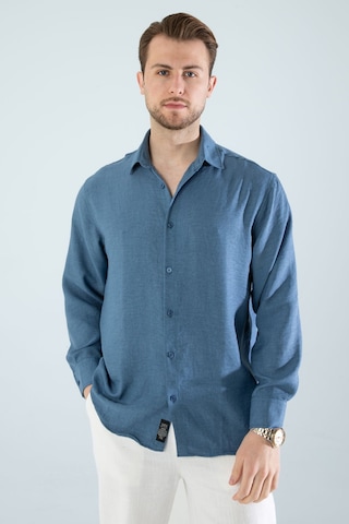 Rahat Kesim Keten Dokulu Gömlek Mavi