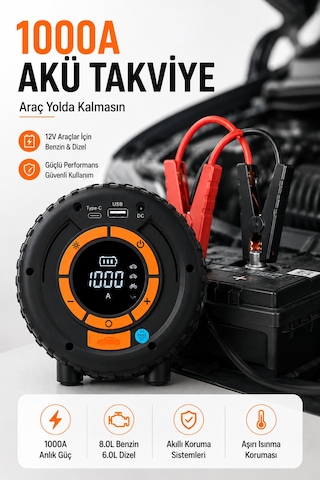 Akü Takviye Cihazı 1000a Jump Starter 150 Psı Lastik Şişirme Kompresörü Powerbank Led Fener