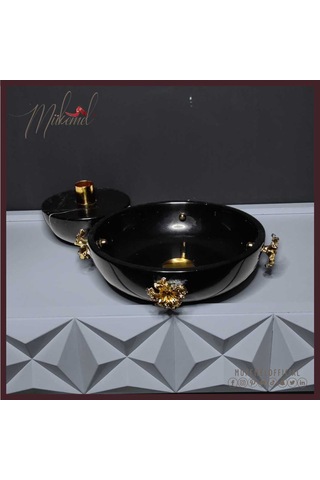 Şık Siyah Mermer Mumluk Ve Kase Seti Altın Detaylı Lüks Ev Deko