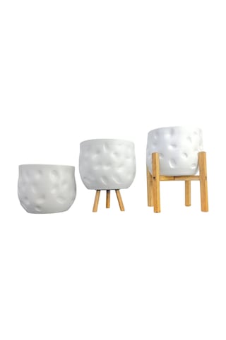 Bitki Tasarımı Ev Dekorasyon Aksesuar Beyaz Desenli Toprak Saksı Saksılık Salon Çiçeklik Üçlü Set 19 Cm