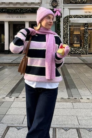 Madmext Pembe Bisiklet Yaka Çizgili Triko Kazak Mg2643 Pembe