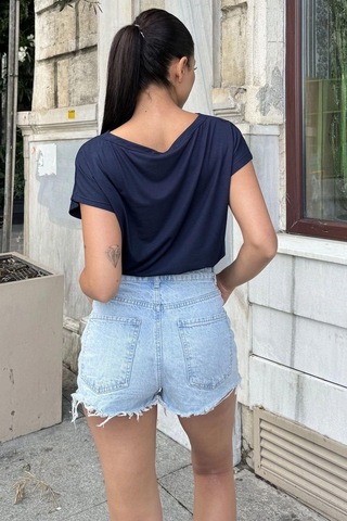 Kadın Lacivert Yarım Kol, Geniş Yaka, Tek Cepli, Beli Lastikli Rahat Crop Bluz Lacivert